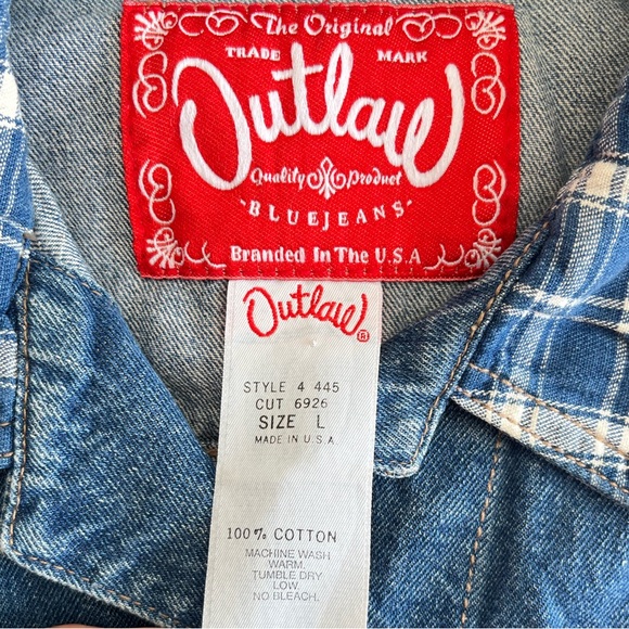 Vintage Outlaw Cropped Denim Vest w/ Plaid Trim, L 90s Grunge Western Aesthetic - Picture 13 of 14